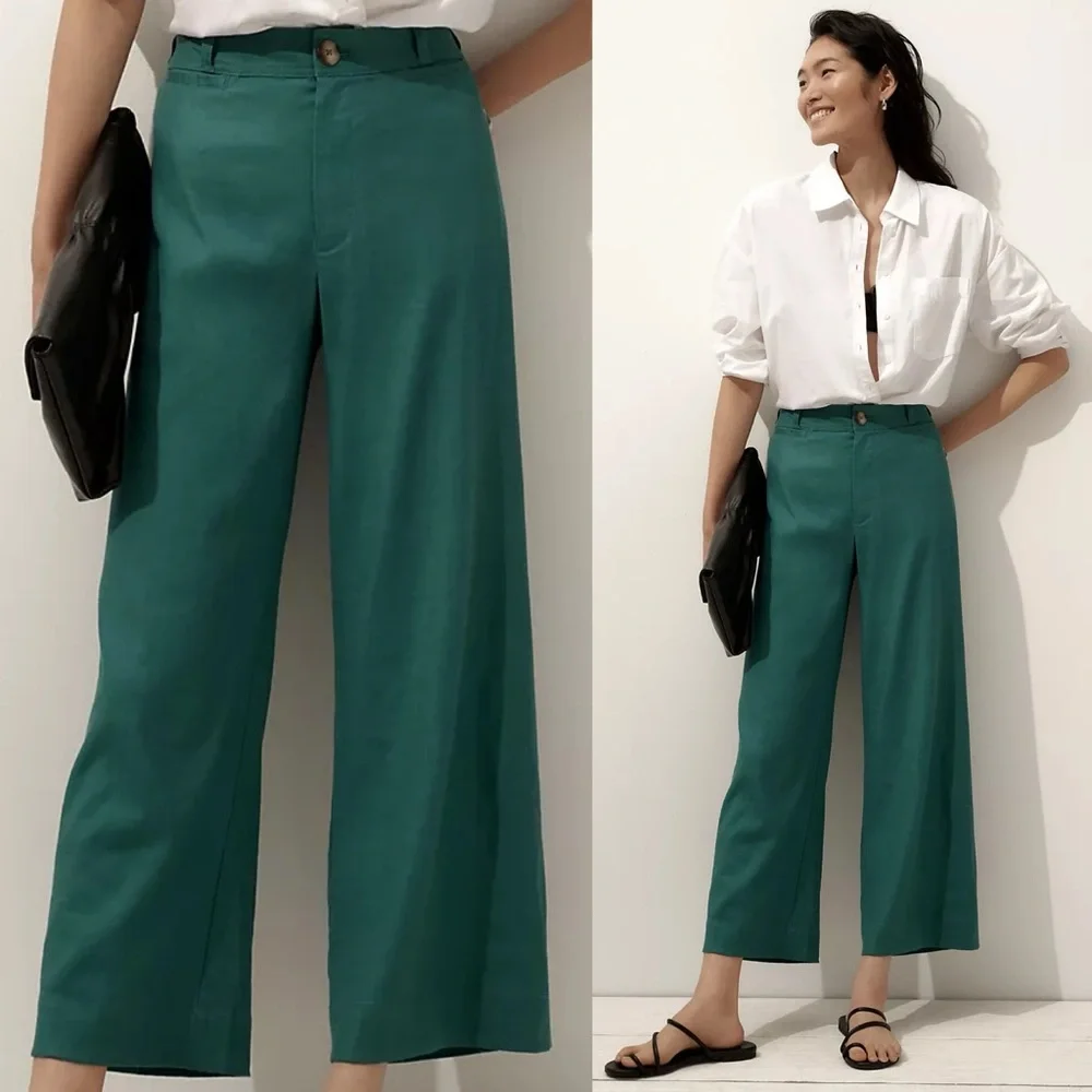 Anthropologie Maeve Ettie High Rise Crop Wide Leg Pant Linen Edition Turquoise